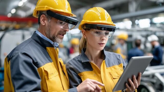 Engineering Collaboration: Two professionals in hard hats and augmented reality glasses focused on a digital tablet within a factory environment, examining the intricate details of a project.