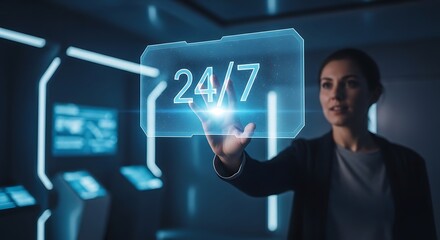 Illustration of a woman interacts with a futuristic holographic display showing 247 service information