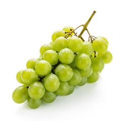 A lush cluster of fresh, plump green grapes, still attached to its woody stem, with delicate water droplets clinging to the surface copy