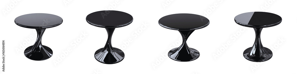 Aufkleber four identical black glossy modern round tables with elegant twisted pedestals displayed on a transp