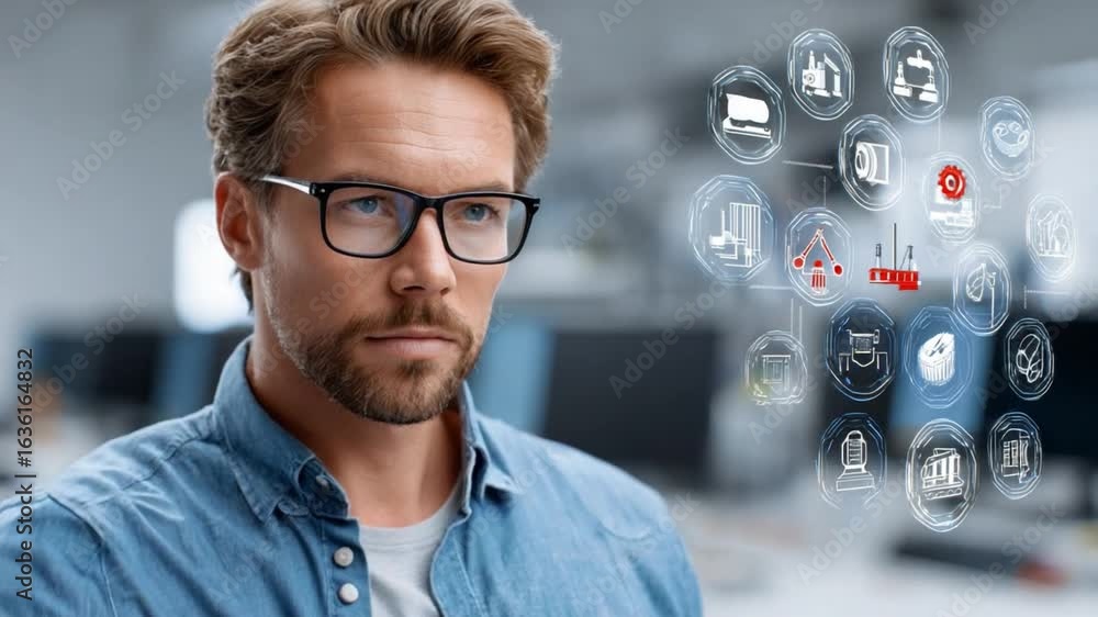 Aufkleber visionary in technology: a focused man gazes thoughtfully, surrounded by an array of futuristic tech
