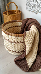 Obraz premium Cream and Cocoa Handwoven Basket with Knitted Throw