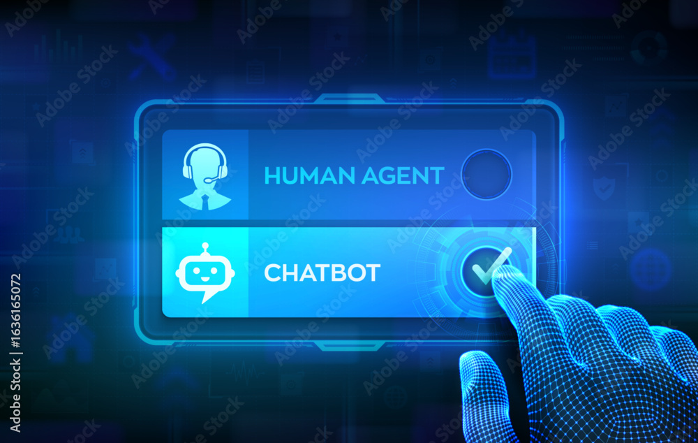 Poster customer support choice concept. human agent vs chatbot. human support versus ai automation. wirefra