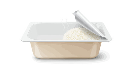 Container with a halfpeeled lid revealing rice steam rising from the food inside