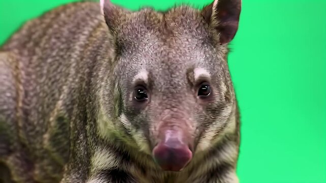 Curious Coati with Striped Fur on Green Screen, Isolated Studio Shot for Easy Compositing and Wildlife Projects