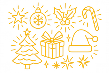 Christmas-themed icons in gold color glowing on a transparent background, perfect for festive designs