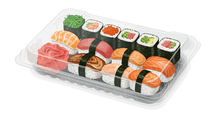 Sushi assortment A clear plastic tray holds assorted sushi including rolls and nigiri artistically arranged
