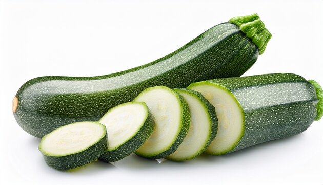 fresh whole and sliced zucchini isolated on white background