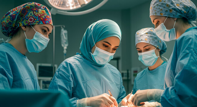 Dedicated surgical team performing complex operation with intense focus and skill