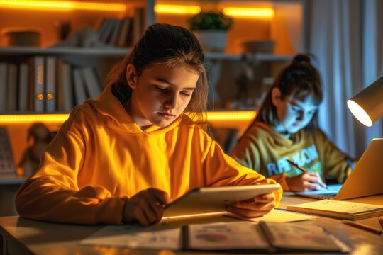 Siblings studying together with tablets and notebooks in a cozy room with warm lighting at night