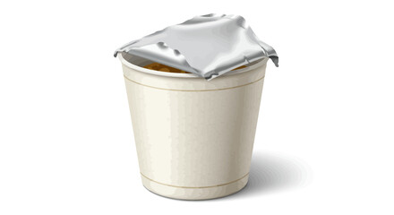 Container with a foil lid likely food product sits against a white backdrop casting a subtle shadow