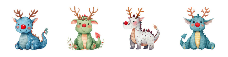 Four cute watercolor dragons with reindeer antlers and red noses A collection of festive holiday mythical creatures