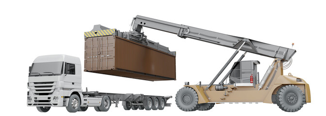 Obraz premium 40-foot container placement onto trailer truck via Reach Stacker. Isolated on a transparent background. 3D illustration.