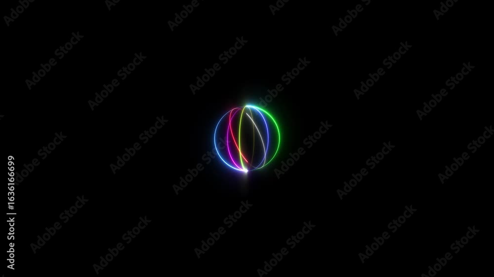 Poster neon line circles rotating around black sphere with reflection. neon futuristic laser circle spine i