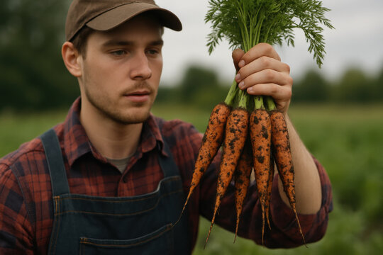 Young male farmer inspecting freshly harvested organic carrots in a rural field during autumn vegetable harvest season