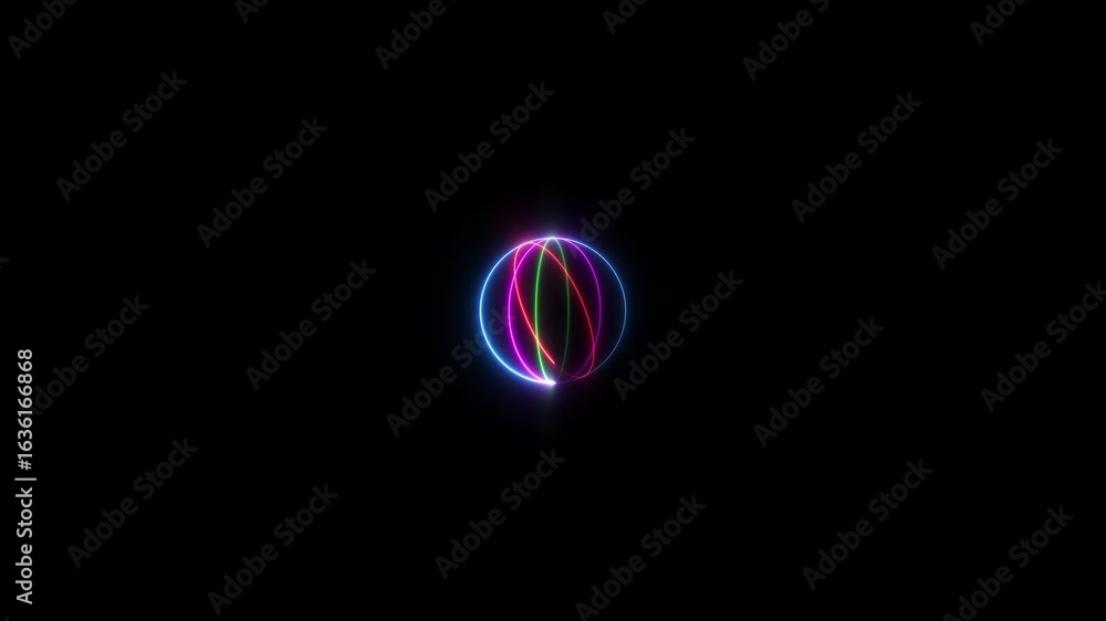 Poster neon line circles rotating around black sphere with reflection. neon futuristic laser circle spine i