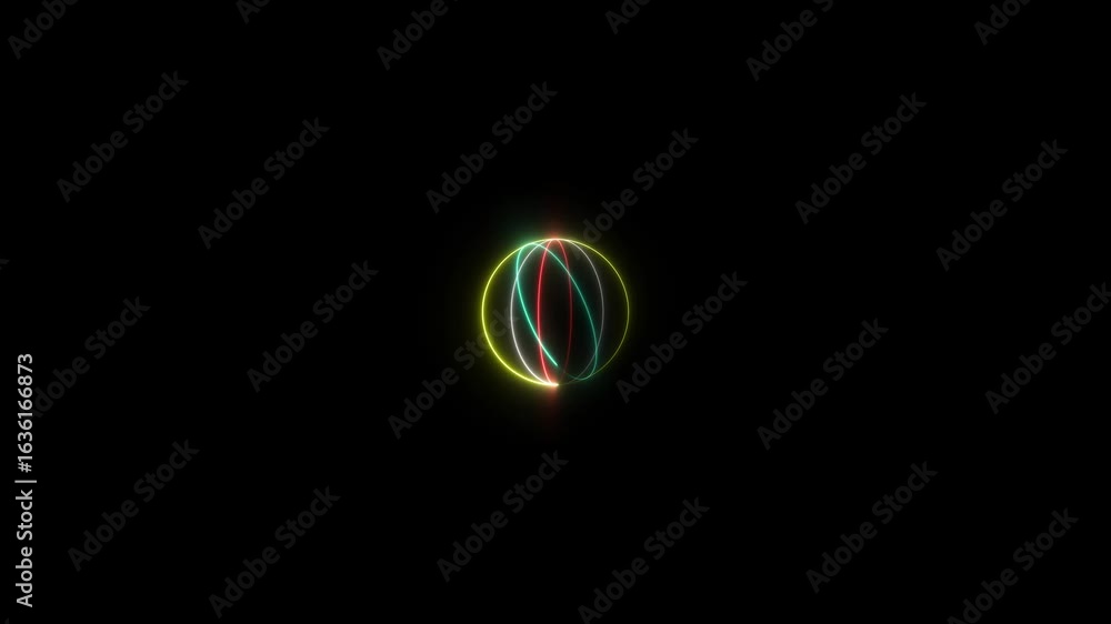 Poster neon line circles rotating around black sphere with reflection. neon futuristic laser circle spine i