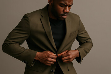 Confident young man in an olive green blazer and black shirt buttoning his jacket against a plain neutral background