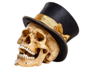 Skull top hat bone human grinning silly isolated fashion gold ribbon Halloween humor spooky celebration party costume headwear vintage macabre decoration teeth jaw creepy festive quirky character
