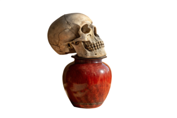 solitary human skull rests atop vintage red vase warm neutral background set soft natural light filtering on AI generated by PNG