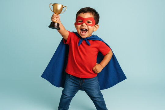 Excited young boy in red mask and blue cape celebrates victory holding gold trophy with confident superhero pose on blue background