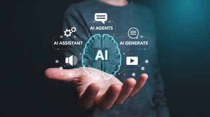 Person holding ai brain with ai agents ai assistant and ai generate floating above their hand in dark space