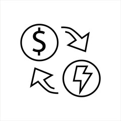 Energy cost exchange icon showing currency and electricity symbols with arrows, representing power pricing, utility payment, and cost calculation.

