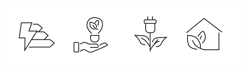 Eco energy icons with lightning efficiency chart, hand holding leaf bulb, plug with leaves, and green home outline in minimal line style.