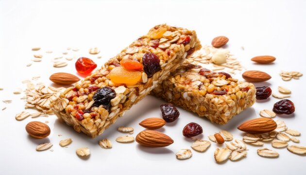 granola bars with oats nuts and dried fruits scattered around white background