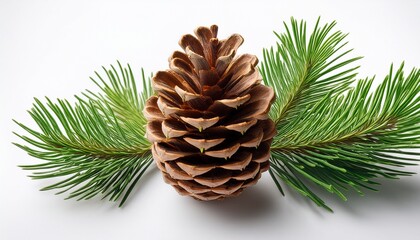 Fototapeta premium pinecone with green pine needles on white background