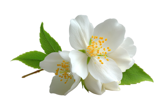 Close-up of two white jasmine flowers with green leaves