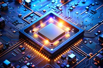 Fototapeta premium Glowing central processor on a futuristic circuit board