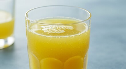 Closeup of a Glass of Sparkling Yellow Juice
