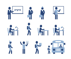 Education icons set. School concept with teacher and students, school bus pictograms. Education concept.