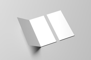 bi-fold or half-fold DL brochure mockup isolated on a soft gray background. 3D rendering illustration.