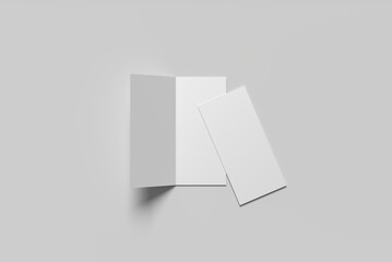 bi-fold or half-fold DL brochure mockup isolated on a soft gray background. 3D rendering illustration.
