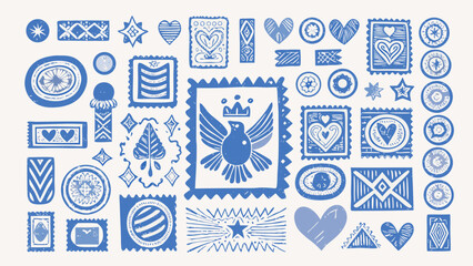 Collection of blue hand drawn stamps and icons featuring hearts stars and a bird with a crown design