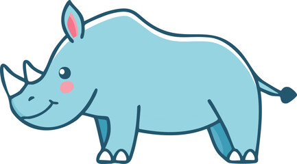 Cute light blue cartoon rhinoceros, profile view, simple design.