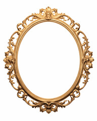 A beautifully crafted golden frame features ornate details with swirling patterns and floral motifs, designed to enhance any artwork or picture. The empty space inside the frame invites creativity