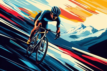 A sleek and modern depiction of a competitive cyclist speeding through a mountain pass or city street.