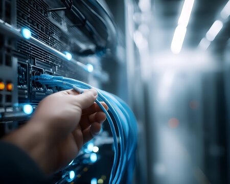 Close-up of an IT engineer's hand connecting bright blue fiber optic cables to a server rack in a data center.