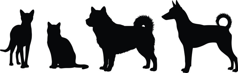 Cat and dog silhouettes, standing and sitting pets, black vector animals, fluffy tail dog, curled tail dog, pet design