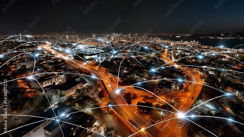 Poster digital metropolis: an elevated perspective of a bustling city illuminated at night, interwoven with