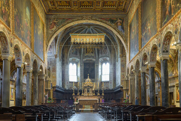 Interior view of the Basilica of San Pietro, with wooden ceiling and paintings by Antonio...