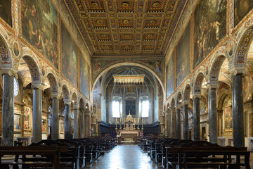 Interior view of the Basilica of San Pietro, with wooden ceiling and paintings by Antonio...