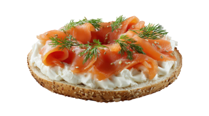 Smoked salmon bagel with cream cheese, fresh dill, and sesame seed topping, isolated on transparency background, delicious breakfast or brunch food, high detail, appetizing presentation