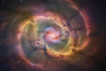 Vibrant swirling nebula with bright central star in deep space