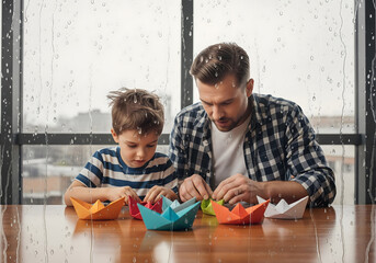 A man and a young male child, with focused expressions, sit at a table making colorful origami paper boats on a rainy day