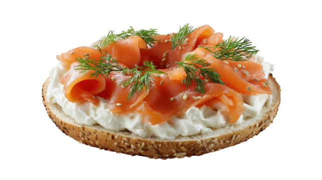 Smoked salmon bagel with cream cheese, fresh dill, and sesame seed topping, isolated on transparency background, delicious breakfast or brunch food, high detail, appetizing presentation