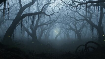 A spooky and mysterious dark forest at night, where eerie glowing eyes watch from the shadows of the foggy, gnarled trees. - Powered by Adobe